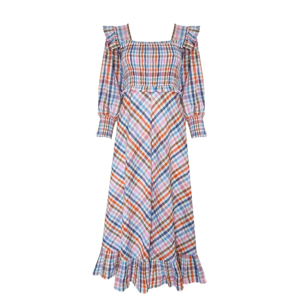 Hunter Bell Multi Gingham Annie Dress Smocked Midi Ruffle Plaid Small
